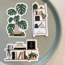 Load image into Gallery viewer, Three decorative stickers featuring monstera plants, bookshelves with houseplants, and inspirational quotes