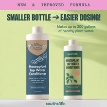 Load image into Gallery viewer, Two bottles of Southside Plants houseplant tap water conditioner showing old and new improved formula packaging