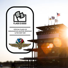 Load image into Gallery viewer, Garden flag featuring Indianapolis Motor Speedway logo with racing track control tower background