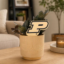 Load image into Gallery viewer, Purdue University logo plant stake displayed in wooden pot with green plant on coffee table