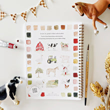 Load image into Gallery viewer, Spiral-bound farm watercolor painting workbook with tutorial illustrations and color palette samples
