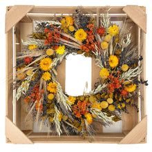 Load image into Gallery viewer, Santa Barbara Harvest Wreath featuring dried sunflowers, wheat, eucalyptus, and orange wildflowers in wooden crate