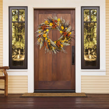 Load image into Gallery viewer, Santa Barbara Harvest Wreath with yellow sunflowers, dried grasses, and autumn botanicals on a wooden front door