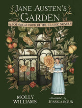 Load image into Gallery viewer, Jane Austen's Garden book cover featuring botanical illustrations and figure in blue dress