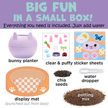 Load image into Gallery viewer, Plant a Pet Mini Grow Craft Kit showing purple bunny planter with chia seeds and decorative stickers