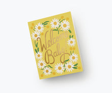 Load image into Gallery viewer, Yellow greeting card with white daisies and Welcome Baby text in gold lettering