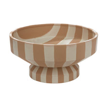 Load image into Gallery viewer, Botera footed ceramic bowl with tan and cream vertical stripes on pedestal base