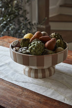Load image into Gallery viewer, Striped ceramic footed bowl filled with artichokes, pears, and seasonal produce on wooden table