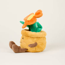 Load image into Gallery viewer, Plush yellow flower pot toy with orange flower, green stem and brown feet