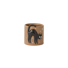 Load image into Gallery viewer, Ceramic Halloween planter with raised black arched cat design on tan stoneware