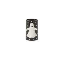 Load image into Gallery viewer, Black ceramic ghost vase with white polka dots and raised ghost design for Halloween