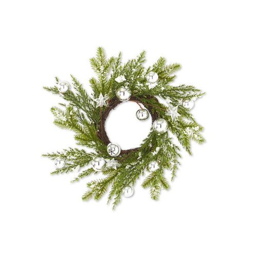 6 Inch Snowy Pine Candle Ring w/Silver Bells