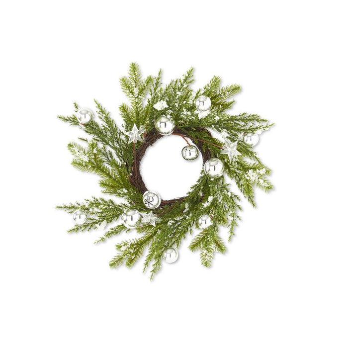 6 Inch Snowy Pine Candle Ring w/Silver Bells