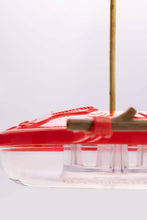 Load image into Gallery viewer, Red plastic hummingbird feeder with clear nectar reservoir and perch attachment