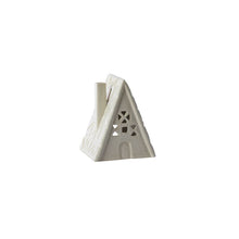 Load image into Gallery viewer, White ceramic A-frame cabin figurine with cutout windows and textured roof details