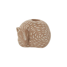 Load image into Gallery viewer, Ceramic sleeping fox candleholder in warm taupe with white dash pattern markings