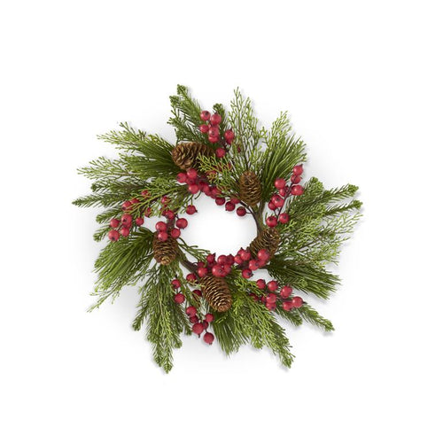 12 Inch Pine Cedar Mix & Red Berries Candle Ring w/Pinecones