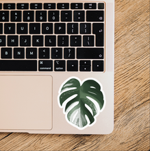 Load image into Gallery viewer, Variegated monstera leaf vinyl sticker placed on rose gold laptop trackpad