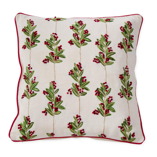 20 Inch Cream Cotton Pillow w/Holly Leaves & Berries