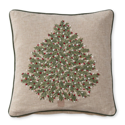 20 Inch Tan Christmas Tree Pillow w/Red & White Ornaments