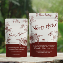 Load image into Gallery viewer, Two packages of Pops Birding Nectarlyte hummingbird nectar powder concentrate in different sizes