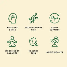 Load image into Gallery viewer, Six green icons showing health benefits of broccoli sprouting seeds including nutrient density and antioxidants