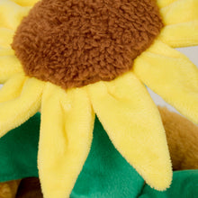 Load image into Gallery viewer, Yellow plush sunflower stuffed animal with brown textured center and green leaves