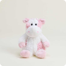 Load image into Gallery viewer, Soft plush strawberry cow stuffed animal with white and pink fur, black eyes and pink accents