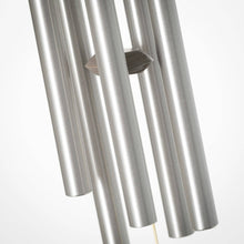 Load image into Gallery viewer, Silver aluminum wind chime tubes with wooden striker suspended from cord