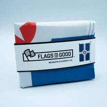 Load image into Gallery viewer, Indianapolis garden flag in packaging showing red and blue design elements