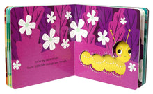 Load image into Gallery viewer, Open children's board book showing yellow caterpillar with white flowers on purple background pages