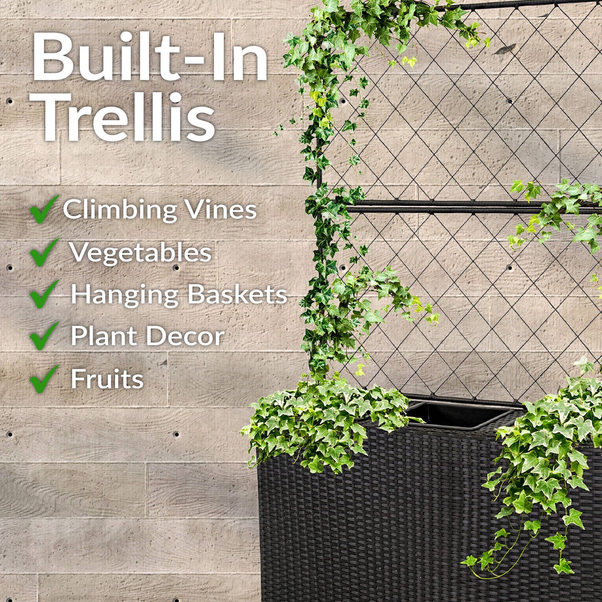 black hanging planter box 3-Section Wicker Planter Box with Trellis
