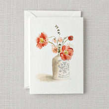 Load image into Gallery viewer, Watercolor notecard featuring coral poppies in vintage ceramic vase with envelope