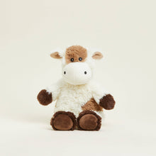 Load image into Gallery viewer, Plush cow stuffed animal toy with brown and white fur, black eyes, sitting upright