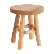 Load image into Gallery viewer, Small round wooden stool with four legs and cross-brace support