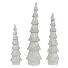 Load image into Gallery viewer, Set of three white ceramic slender Christmas tree figurines in graduating heights