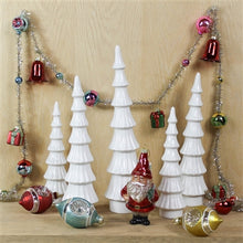 Load image into Gallery viewer, White ceramic slender Christmas trees in various sizes with vintage holiday decorations