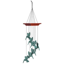 Load image into Gallery viewer, Verdigris hummingbird spiral wind chime with copper-colored wooden top and hanging birds