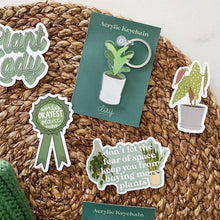 Load image into Gallery viewer, Plant-themed stickers and acrylic keychain featuring humorous plant sayings and potted plant designs