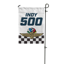 Load image into Gallery viewer, White garden flag with Indy 500 logo, Indianapolis Motor Speedway emblem, and checkered border on black pole