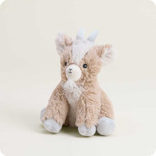 Load image into Gallery viewer, Soft brown plush goat stuffed animal with white belly and lavender accents sitting upright