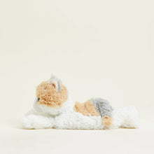 Load image into Gallery viewer, Calico cat plush toy slippers with orange, white and gray fur on white background