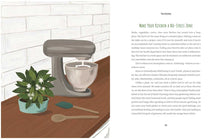 Load image into Gallery viewer, Open book showing kitchen chapter with houseplant illustration and stress-reduction gardening advice