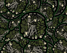 Load image into Gallery viewer, Plants Are My Therapy vinyl sticker featuring skeleton gardener surrounded by potted plants