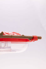 Load image into Gallery viewer, Red and clear hummingbird feeder with wooden perch and feeding ports