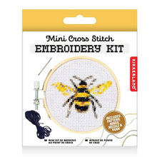 Load image into Gallery viewer, Mini cross stitch embroidery kit with bee design in wooden hoop frame