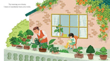Load image into Gallery viewer, Children's book illustration showing grandfather watering plants while child reads nearby on patio