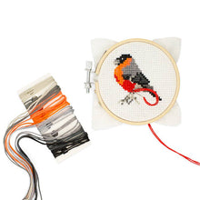 Load image into Gallery viewer, Mini cross stitch embroidery kit with colorful bird design in wooden hoop and thread bundle