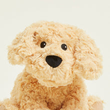 Load image into Gallery viewer, Cuddly golden plush dog toy with fluffy fur and black embroidered features