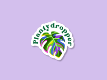 Load image into Gallery viewer, Plantydropper sticker featuring colorful monstera leaf design with green text on white background